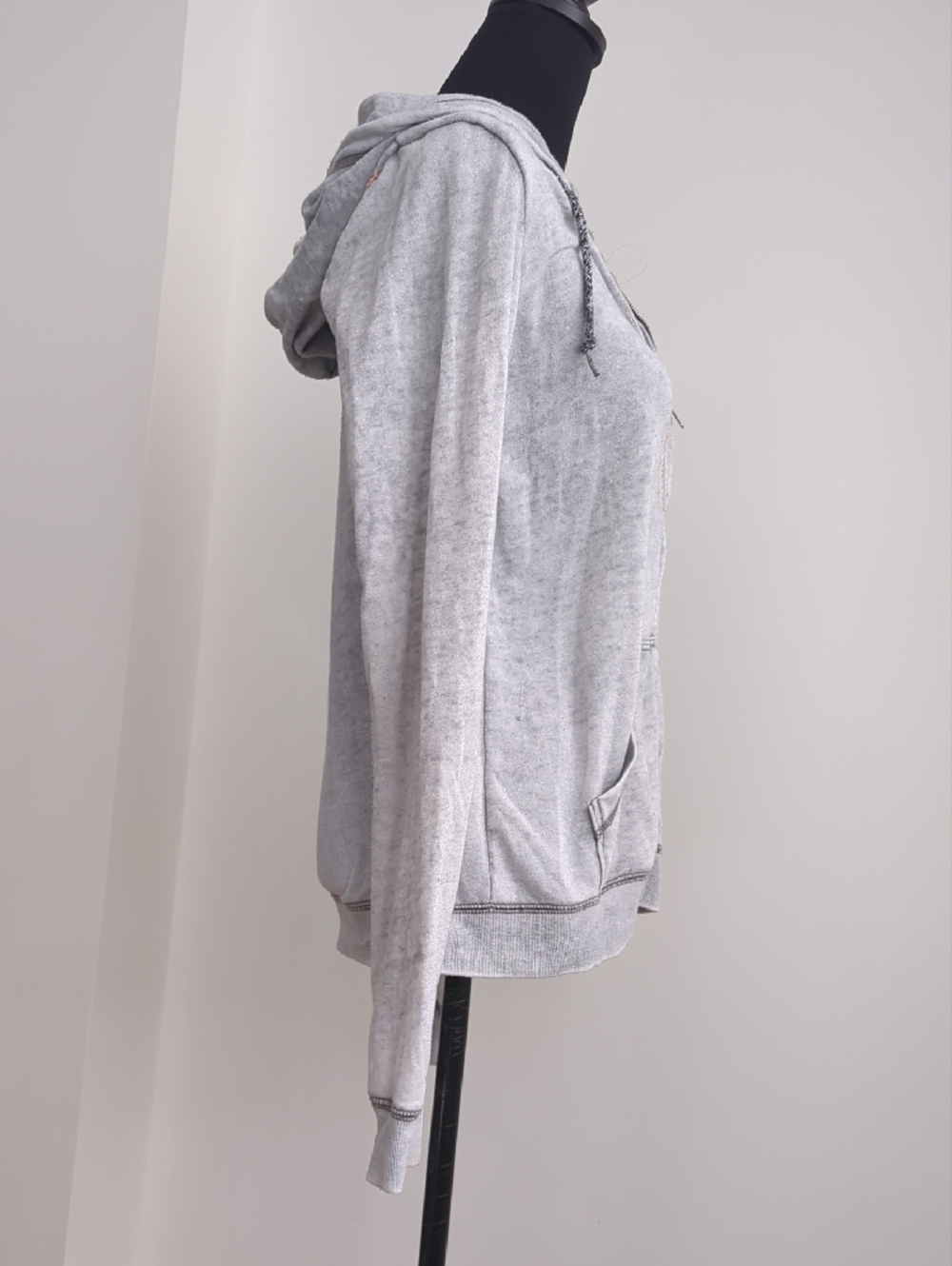 Roxy Light Gray and Pink Embroideres Hooded Zip Sweater - Picture 6 of 8